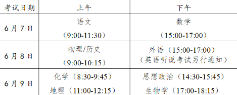 广东2021高考时间及科目安排表