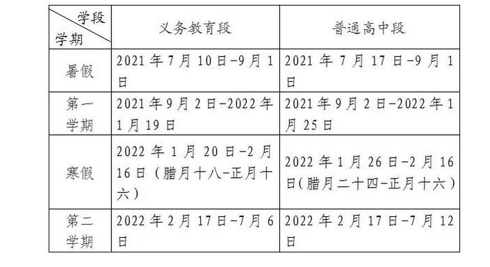 2021年中小学放寒假安排时间表最新