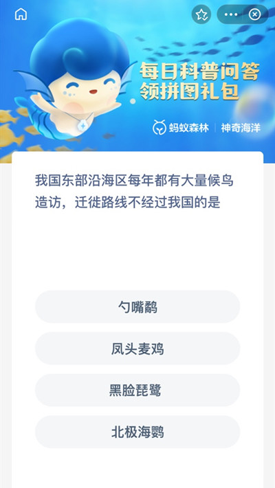 支付宝神奇海洋答题6.11答案是什么？我国东部沿海区每年都有大量候鸟造访迁徙路线不经过我国的是答案详解[多图]图片2